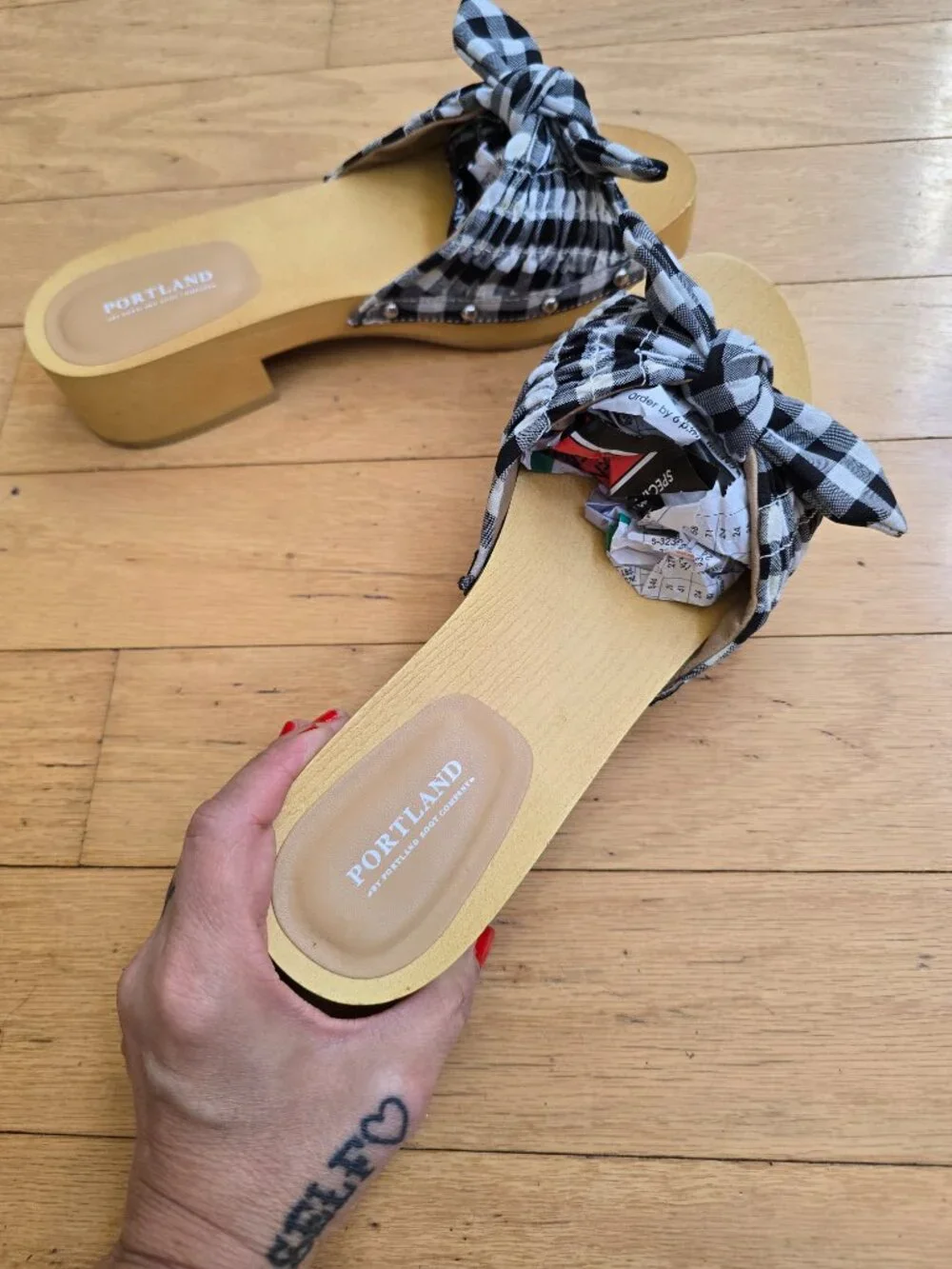 Portland Boot Company | Callie gingham black white bow platform sandals | WMS 8